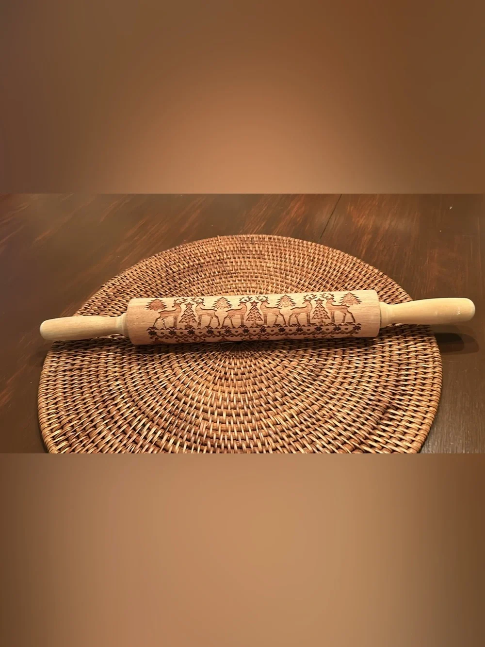 Wooden Embossed Rolling Pin - Natural Brown Christmas Reindeer Design